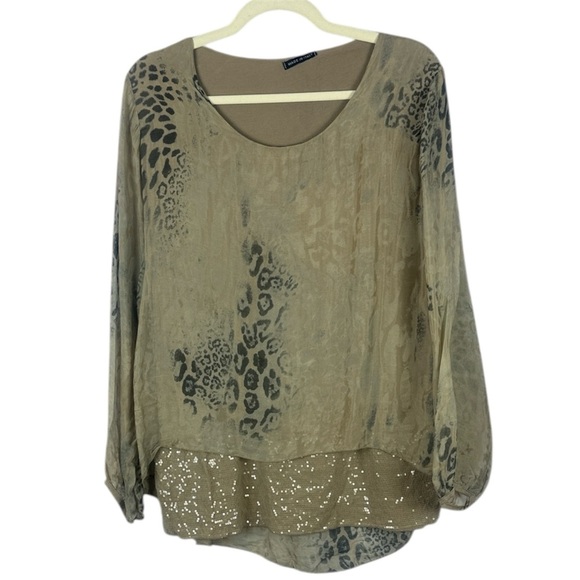 Made in Italy Silk Blend Elegant Tan Animal Print Blouse with Sequins Size L - Picture 1 of 9